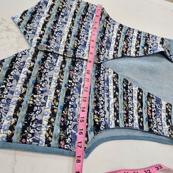 Vintage Boho Cottagecore Large Floral Patchwork Stripes Vest Embroidered Blue - Picture 9 of 9